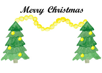 Watercolor hand painted winter holiday celebration composition frame with green christmas trees, yellow ball toys and garland, black merry christmas text on the white background for cards