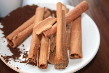 cinnamon sticks and powder on white background