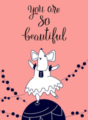 Mouse dancing on a ball, colored greeting card for your design, vector illustration