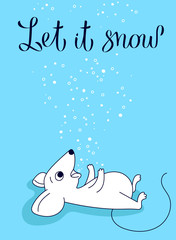 Little mouse catches snowflakes by mouth, colored greeting card for your design, vector illustration