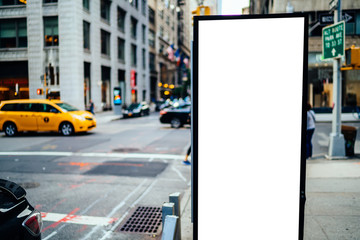 Clear empty billboard with copy space area for advertising text message or content, public information board in urban scene,street Lightbox with city and people on background, promotional sale mock up