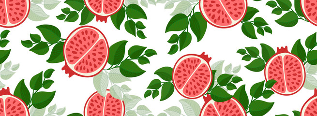 Sketched Hand drawn pomegranate seamless pattern print on t-shirt, wallpaper of children's room, fruit background. Fresh Piece of pomegranate with seeds, green leaves isolated on a white background.