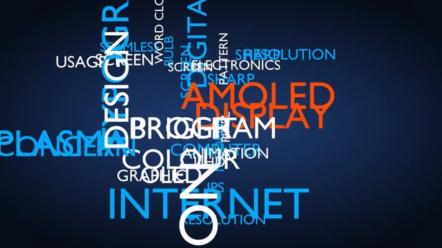 AMOLED animated word cloud, text design animation. Kinetic typography. 3D rendering, blue variant, UHD.