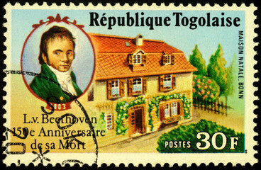 Ludwig van Beethoven and his birthplace in Bonn on postage stamp