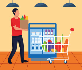 Obraz na płótnie Canvas avatar man holding a bag with vegetables and walking at supermarket aisle