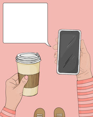 Hands with a Cup of coffee and a smartphone. Temple.