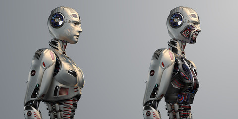 Two detailed futuristic robots or humanoid cyborgs standing with and without armor parts. Side view of the upper body. Isolated on gray background. 3d render