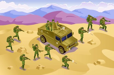 Attack Soldiers of Modern Army isometric icons on isolated background