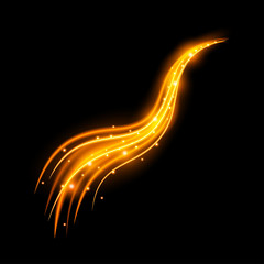 Light effect with curve trail and golden sparkles on black background