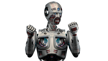 Very detailed futuristic robot or android cyborg looking at his fists or studying his new body. Isolated on white background. 3d render