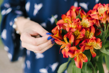 The girl touched a flower bouquet of astromeria orange color, close-up