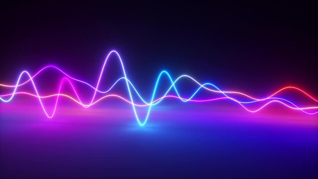 Colorful bright neon glowing graphic equalizer. Ultraviolet signal spectrum, laser show, energy, sound vibrations and waves. Seamless loop 3d render