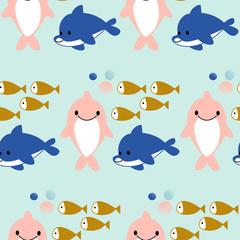 Pink and blue dolphines and fishes in a seamless pattern design