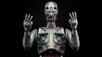 very detailed futuirstic humanoid or android cyborg showing six fingers with both arms. Front view of the upper body isolated on black background. 3d render