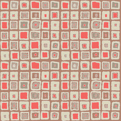 Seamless pattern with square forms. Beige, brown and coral pink colors. Hand drawn. Doodle style
