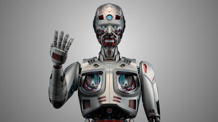 Very detailed futuristic robot or metallic humanoid cyborg showing four fingers or number 4 with one hand. Front view of the upper body isolated on gray background. 3d render