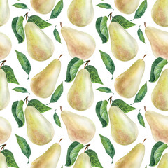 Watercolor seamless pattern Pear tree. Fruits, leaves and flowers