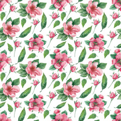 Watercolor seamless pattern Pear tree. Fruits, leaves and flowers