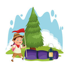 cartoon explorer girl at forest camping with sleeping bag and flag