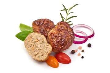 Homemade pork cutlets, meatballs from minced meat, isolated on white background