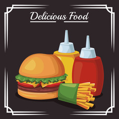 hamburger and french fries and sauces bottles, colorful design