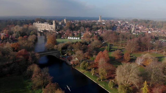 Historic English Town, Warwick, Aerial View Of Park, River Avon, Churches And Castle In Autumn Season