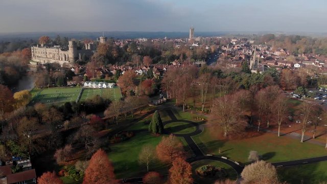 Warwick, St Nicholas Park Aerial View Of Park And Castle In Autumn, Tracking Right