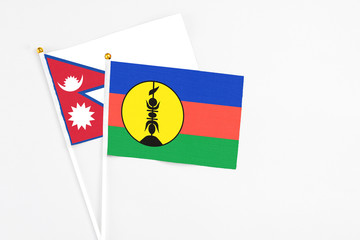 New Caledonia and Nepal stick flags on white background. High quality fabric, miniature national flag. Peaceful global concept.White floor for copy space.