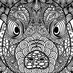 Patterned head of pig. Symbol of 2019. Ornate Chinese New Years sign. Tattoo design. Coloring page. It may be used for design of a t-shirt, bag, postcard, a poster and so on.