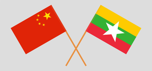 Crossed flags of Myanmar and China