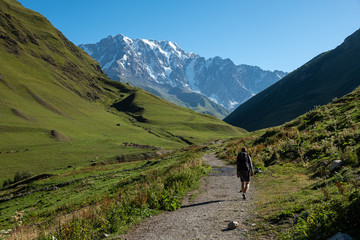 Fototapeta na wymiar Walking trek to Shakra glacier - tourist, backpacker