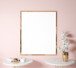 mock up poster frame interior in pink background, white plant, rose gold in modern style, 3D render, 3D illustration