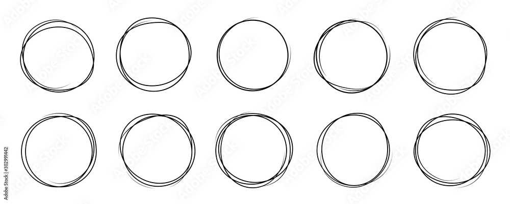 Poster hand drawning circle line sketch set. art design round circular scribble doodle - stock vector.