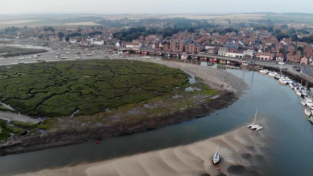 Aerial Landscape UK Tidal Harbour Town Wells-Next-The-Sea Estuary At Low Tide