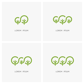 Green family logo set. Big tree and small plant or sapling symbol - ecology and environment, nature reserve, national park and forest conservation icons.