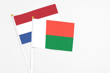 Madagascar and Netherlands stick flags on white background. High quality fabric, miniature national flag. Peaceful global concept.White floor for copy space.