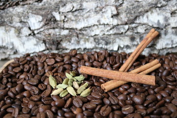 Cardamom seeds and cinnamon sticks on roasted coffee beans scattered next to a birch tree. Texture. Oriental coffee