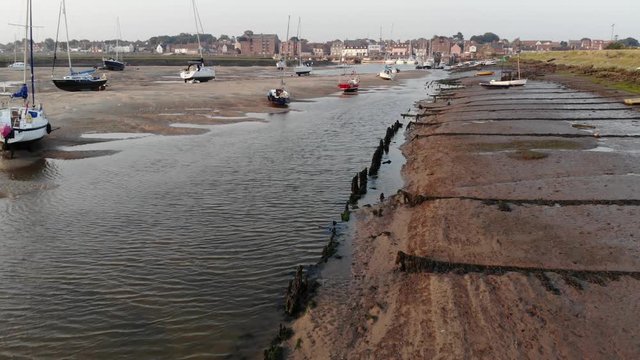 Wells-Next-The-Sea East Coast UK Tidal Harbour, Estuary At Low Tide Aerial Landscape