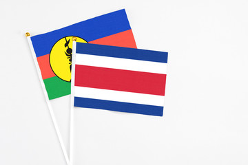 Costa Rica and New Caledonia stick flags on white background. High quality fabric, miniature national flag. Peaceful global concept.White floor for copy space.