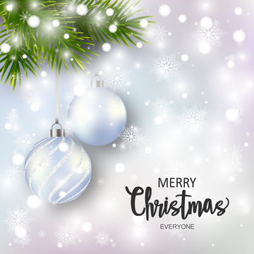 Christmas greeting card with pine branches and christmas balls. Vector illustration