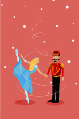 Fototapeta na wymiar Christmas ballet Nutcracker. Ballet dancer holding hands with nutcracker under the snow