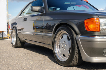 SUMY, UKRAINE - SEPTEMBER 21, 2019. Mercedes-Benz 560 SEC W126. AMG bumpers and sills. AMG wheels. S-class. Refurbished coupe in perfect condition