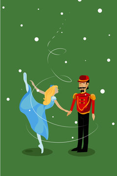 Ballet Nutcracker, Ballet Dancer Holding Hands With Nutcracker Under The Snow, Winter Fairy-tail