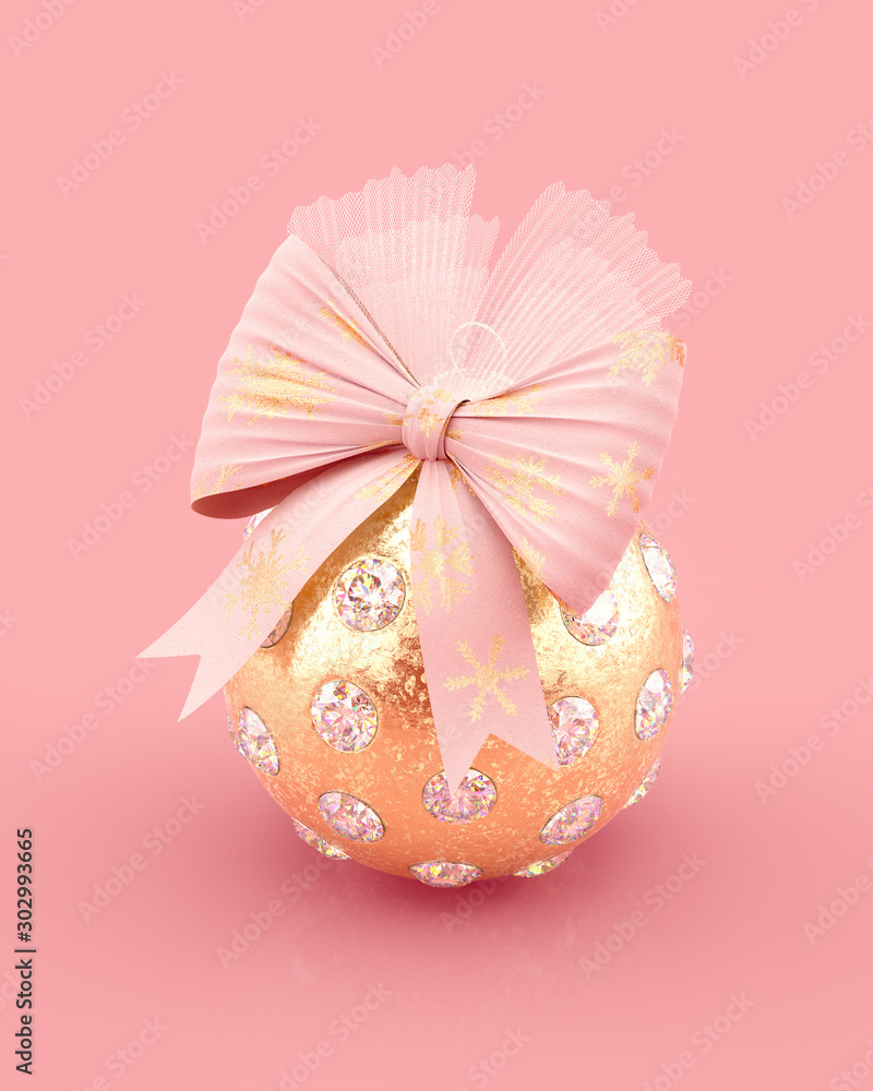Poster christmas golden ball decorated with fabric ribbon bow with snowflakes pattern. 3d rendering.