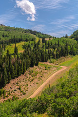 Hiking trails on a scenic ski resort mountain in Park City at off season months