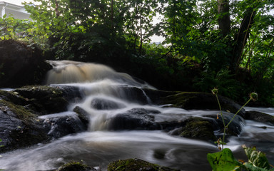 Small waterfall. Water. Water stream. Green bushes in the background.