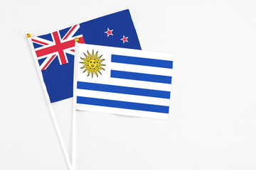 Uruguay and New Zealand stick flags on white background. High quality fabric, miniature national flag. Peaceful global concept.White floor for copy space.