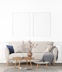 Mock Up Double Poster Frames In Modern Interior Background, Scandinavian Style, living Room, 3D render, 3D illustration