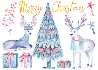 Merry Christmas and New Year gift boxes, deer, christmas tree, tree branch with red berries. Handpainted watercolor Clip art set illustration.Perfect  for Christmas invitations, cards.