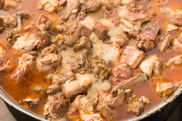 Kavurma is a Turkic sheep meat dish. Pieces of meat are stewed in a large cauldron over an open fire.